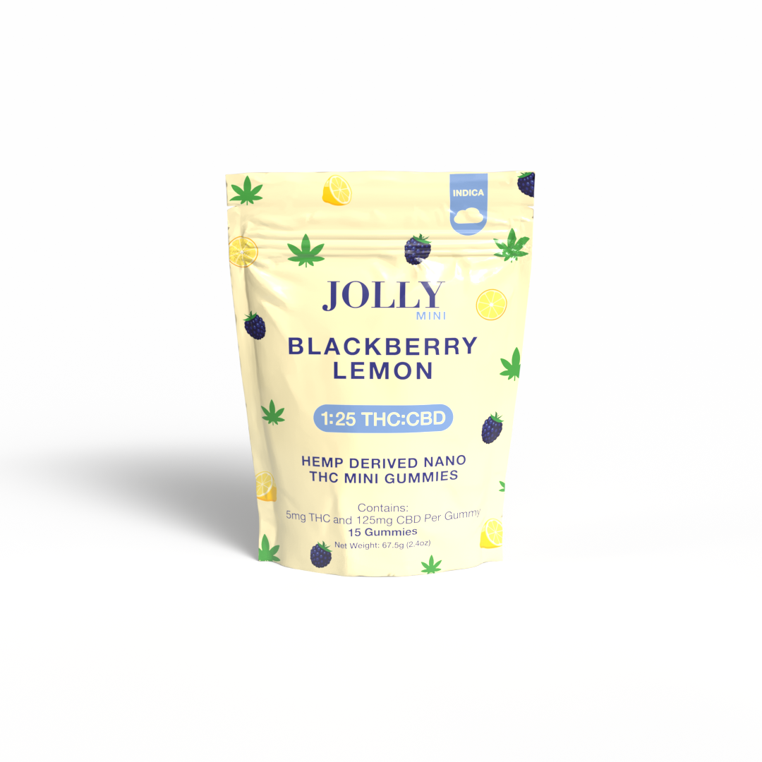 A yellow and cream pouch labeled Jolly Cannabis Blackberry Lemon Gummies features blackberry, lemon, and hemp leaf images. Contains 15 fruit puree gummies with 5mg THC and 125mg CBD each; made in Arizona from hemp. Dosage info is in smaller text.