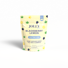 A yellow and cream pouch labeled Jolly Cannabis Blackberry Lemon Gummies features blackberry, lemon, and hemp leaf images. Contains 15 fruit puree gummies with 5mg THC and 125mg CBD each; made in Arizona from hemp. Dosage info is in smaller text.