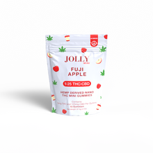 Jolly Cannabis Fuji Apple Gummies come in a white resealable pouch with red and green apple graphics. These Arizona-made hemp-derived gummies deliver nano THC, featuring 5mg THC and 125mg CBD per pouch (1:25 ratio).