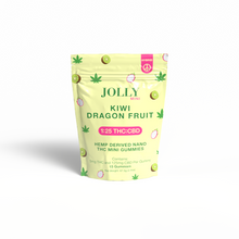Jolly Cannabis Kiwi Dragon Fruit Gummies come in a yellow resealable pouch with green kiwi and dragon fruit images. Each Arizona-made gummy contains 5mg THC and 125mg CBD (1:25 ratio), with 15 fruit puree gummies per pack.