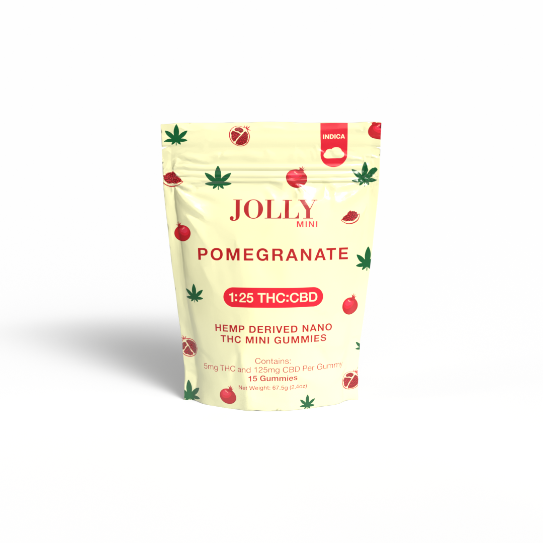 Jolly Cannabis Pomegranate Gummies feature a cream pouch with pomegranate and hemp leaf art. Each Arizona-made gummy delivers 5mg THC and 125mg CBD (1:25 ratio); 15 gummies per pack. Hemp-derived fruit puree, labeled Jolly Mini Pomegranate.