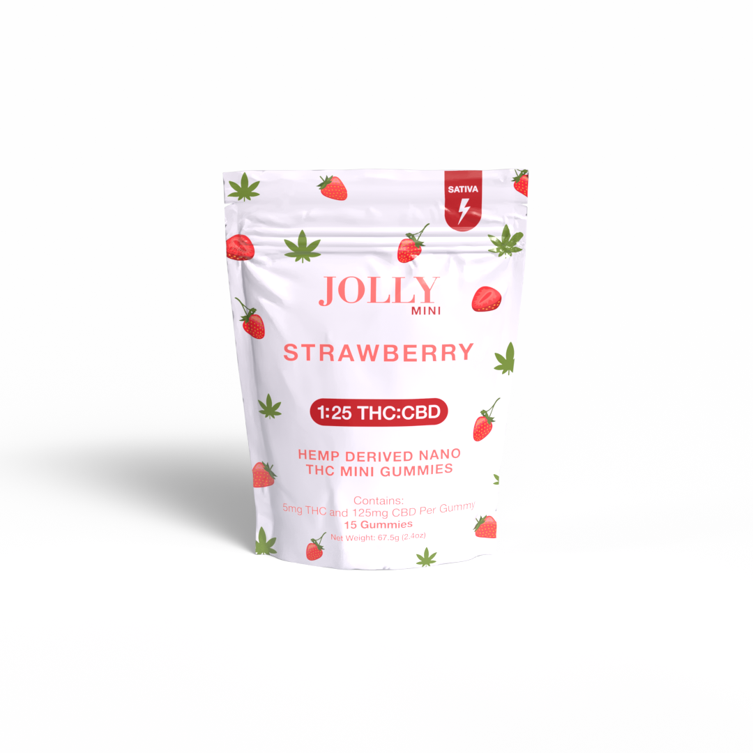 A white pouch with strawberry and hemp leaf designs holds Jolly Cannabis Strawberry Gummies 5mg THC, 125mg CBD. The upright label features 1:25 THC:CBD and Hemp Derived Nano THC Mini Gummies, made in Arizona, on a white background.