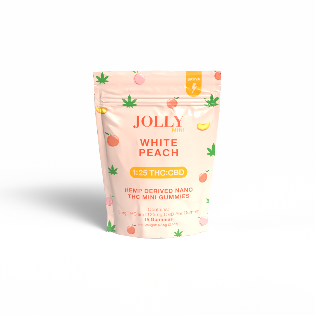 Jolly Cannabis White Peach Gummies come in a pastel peach pouch with leaf and fruit designs. Each Arizona-made sativa, hemp-derived nano gummy has 5mg THC and 125mg CBD. The pack contains 15 mini gummies.