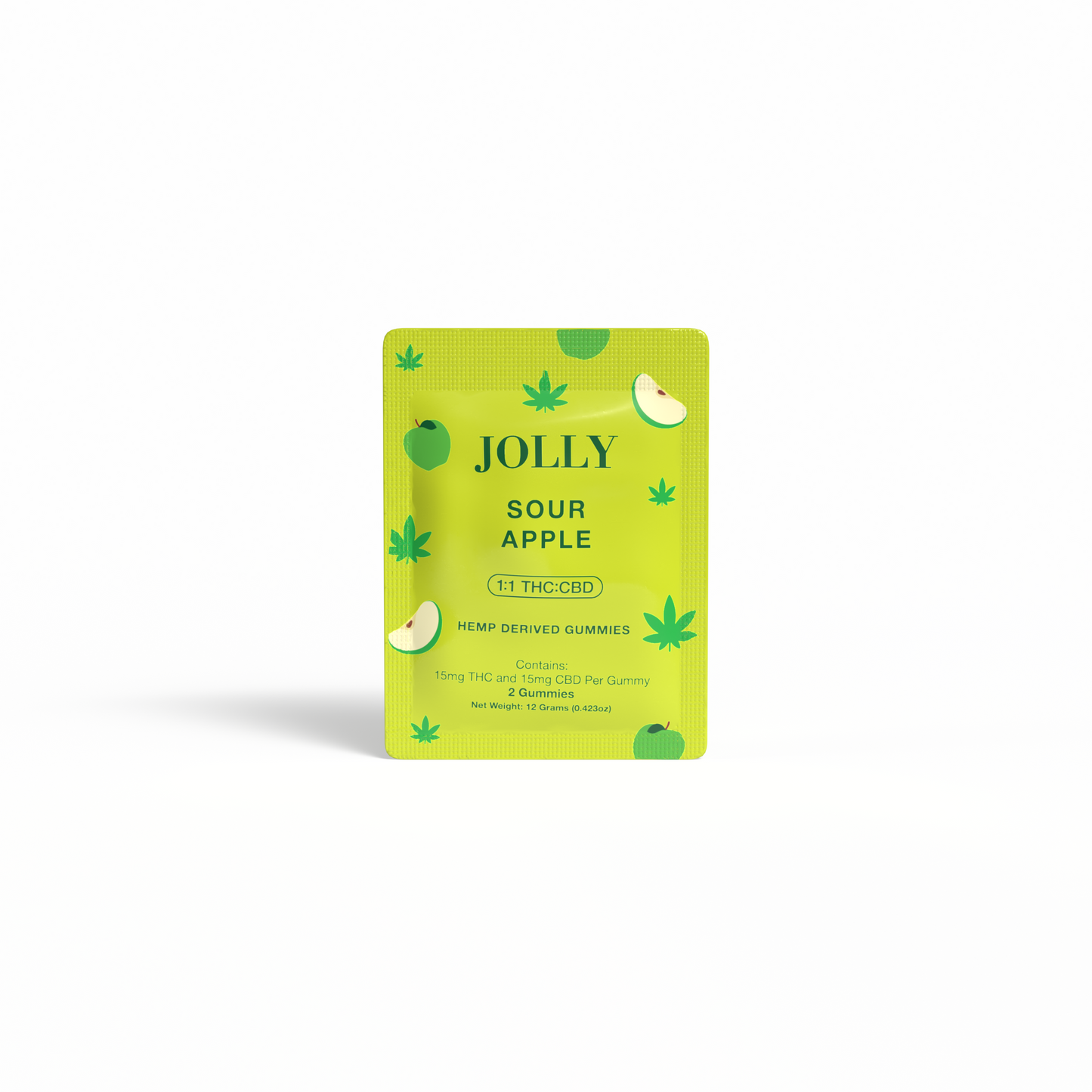 A bright green packet from Jolly Cannabis labeled “Sour Apple Gummies 15mg THC, 15mg CBD,” features hemp leaf and apple graphics. Each Arizona-made gummy contains 15mg THC + 15mg CBD; there are 20 gummies (2.82oz) per bag.