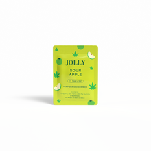 A bright green packet from Jolly Cannabis labeled “Sour Apple Gummies 15mg THC, 15mg CBD,” features hemp leaf and apple graphics. Each Arizona-made gummy contains 15mg THC + 15mg CBD; there are 20 gummies (2.82oz) per bag.