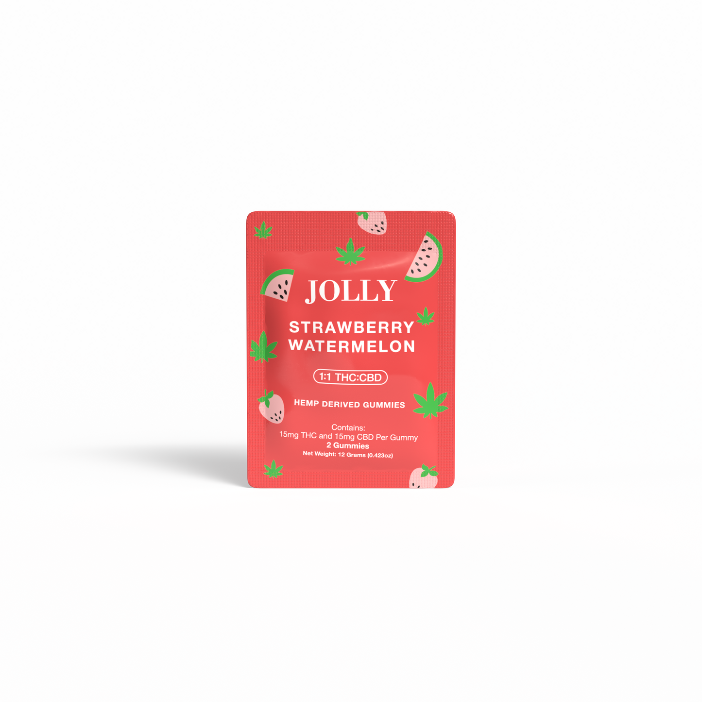 A white packet labeled “Jolly Cannabis Strawberry Watermelon Gummies” features cartoon watermelon slices and hemp leaves, highlighting hemp-derived gummies with 15mg THC and 15mg CBD per piece (62g net weight), made in Arizona.