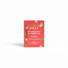 A white packet labeled “Jolly Cannabis Strawberry Watermelon Gummies” features cartoon watermelon slices and hemp leaves, highlighting hemp-derived gummies with 15mg THC and 15mg CBD per piece (62g net weight), made in Arizona.