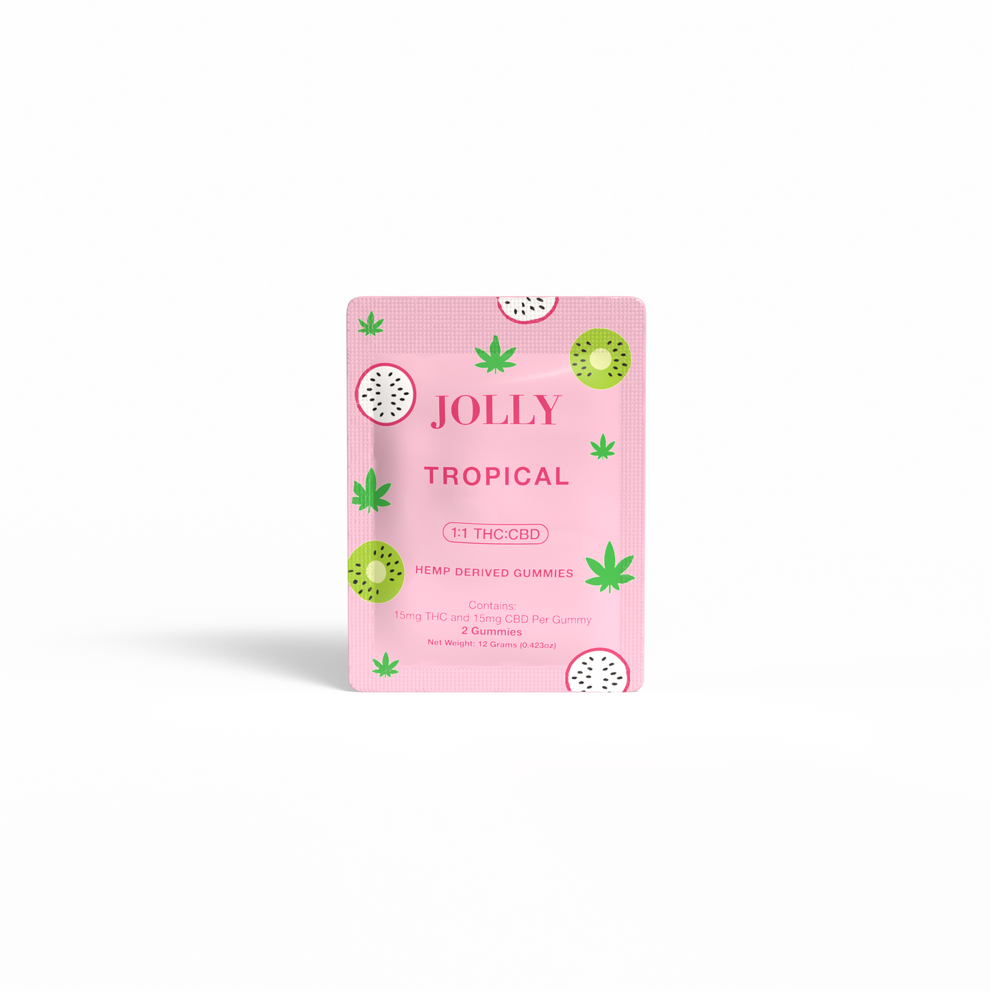 A pink Jolly Cannabis Tropical Gummies packet contains Arizona-made hemp gummies, with green hemp leaves, tropical fruit art, and white text showing 15mg THC and 15mg CBD per gummy; there are 2 gummies inside.