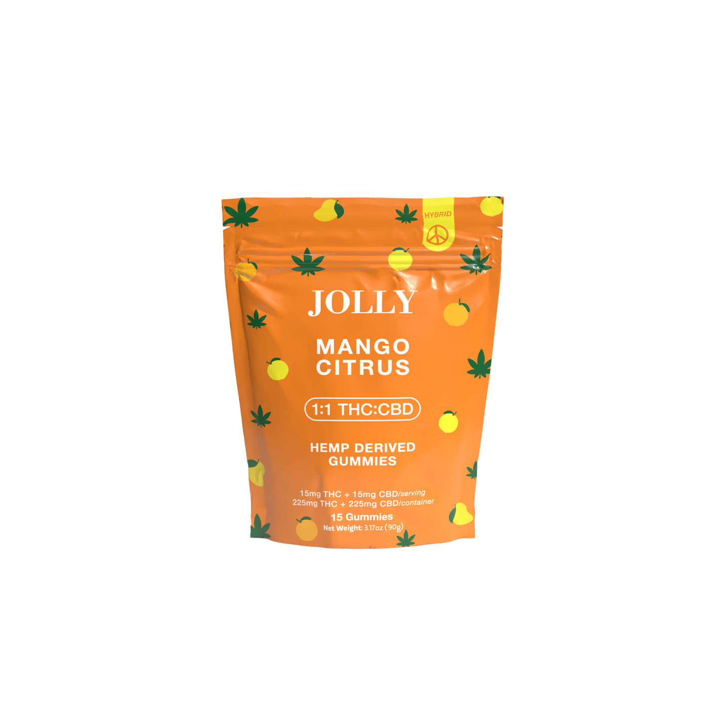 Jolly Cannabis Mango Citrus Gummies come in a resealable pouch with playful fruit and hemp leaf illustrations. Each Arizona-made pack contains 15 gummies, each with 15mg THC and 15mg CBD in a balanced 1:1 ratio.