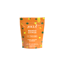 Jolly Cannabis Mango Citrus Gummies come in a resealable pouch with playful fruit and hemp leaf illustrations. Each Arizona-made pack contains 15 gummies, each with 15mg THC and 15mg CBD in a balanced 1:1 ratio.