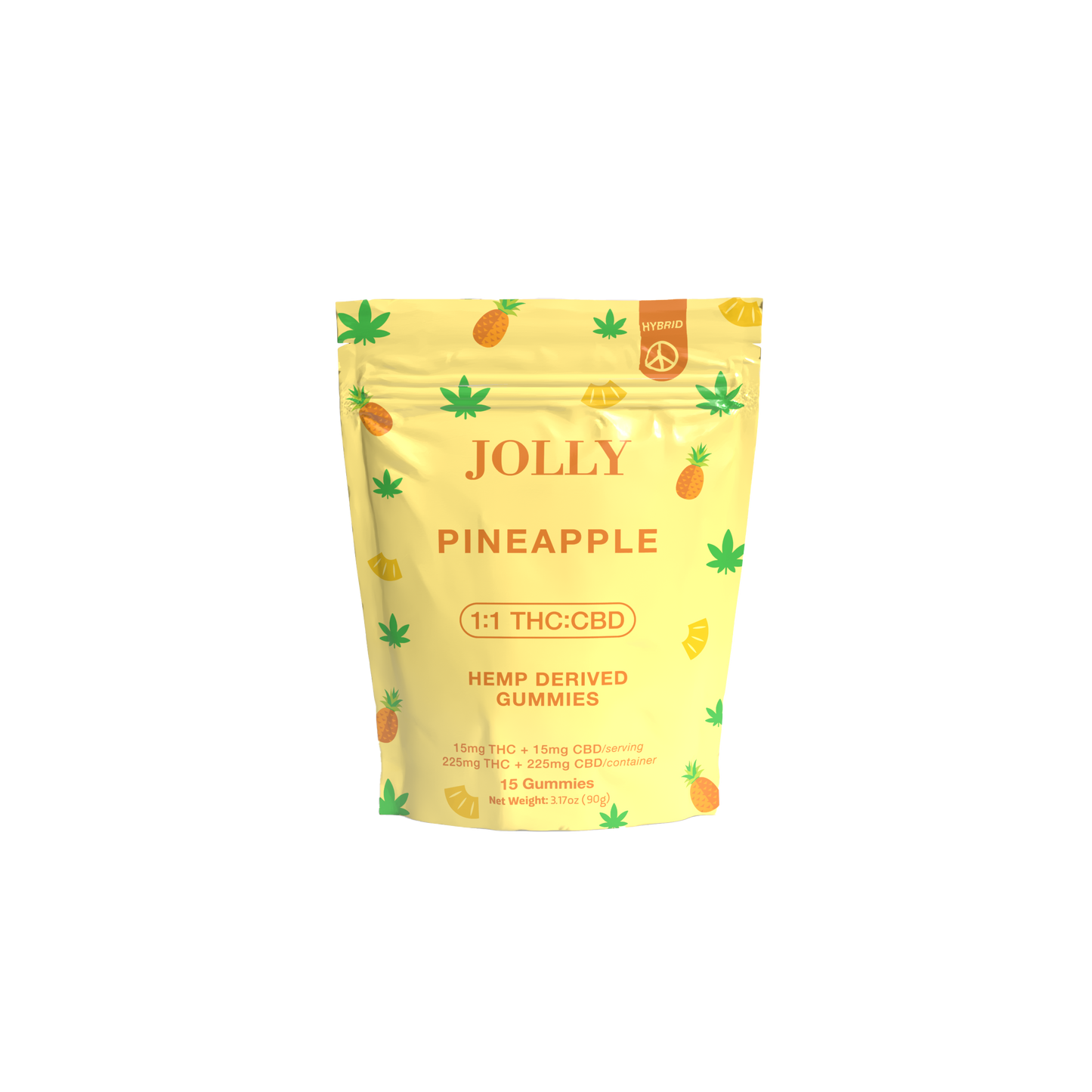 A yellow resealable pouch from Jolly Cannabis labeled Pineapple Gummies 15mg THC, 15mg CBD shows pineapples and hemp leaves, highlights a 1:1 THC:CBD ratio, and displays hemp-derived gummies info on a plain white background.