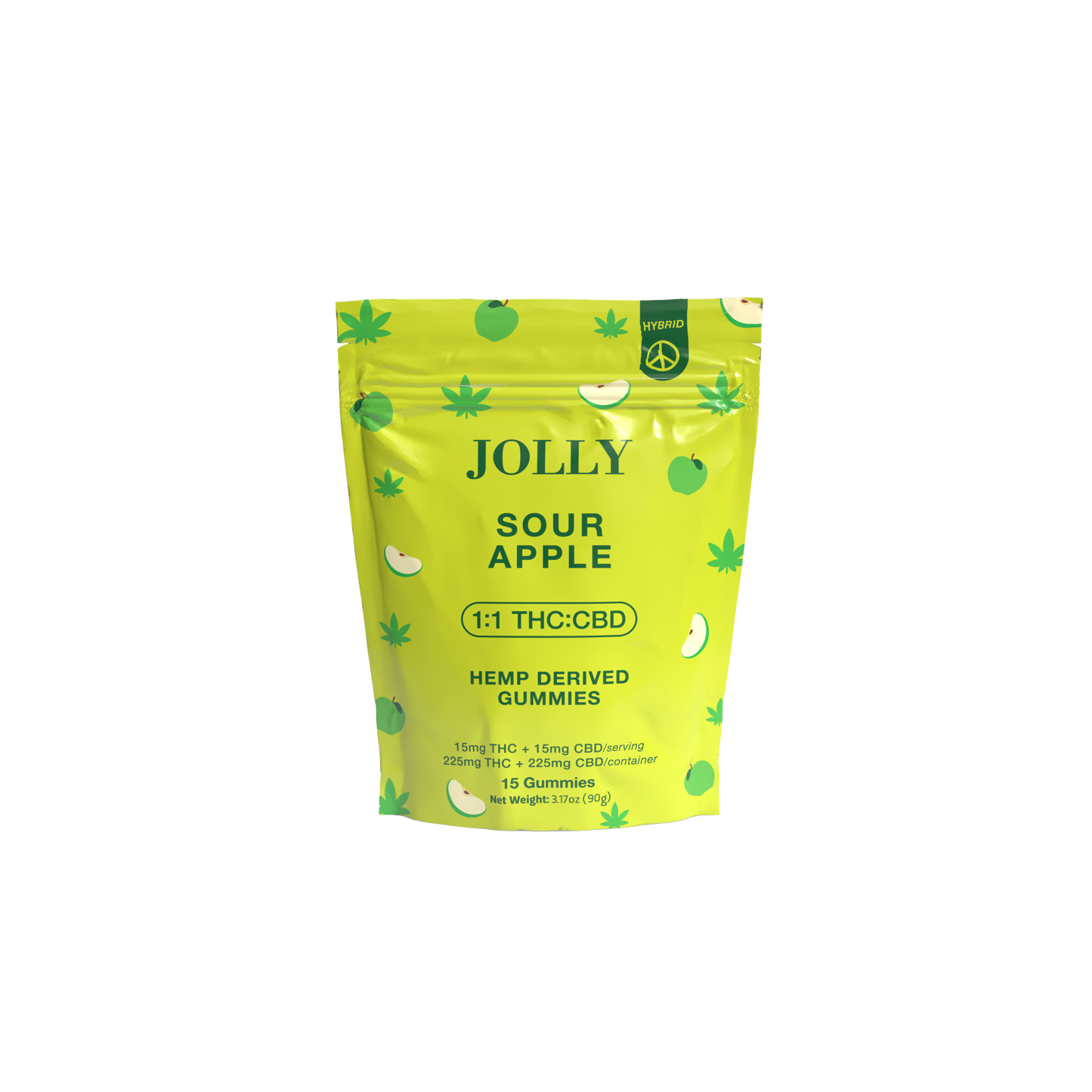 A bright yellow-green resealable pouch labeled “Sour Apple Gummies 15mg THC, 15mg CBD” by Jolly Cannabis features green apples and leaves. The hybrid gummies are Arizona-made with hemp-derived THC/CBD; each pack contains fifteen gummies.