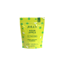 A bright yellow-green resealable pouch labeled “Sour Apple Gummies 15mg THC, 15mg CBD” by Jolly Cannabis features green apples and leaves. The hybrid gummies are Arizona-made with hemp-derived THC/CBD; each pack contains fifteen gummies.