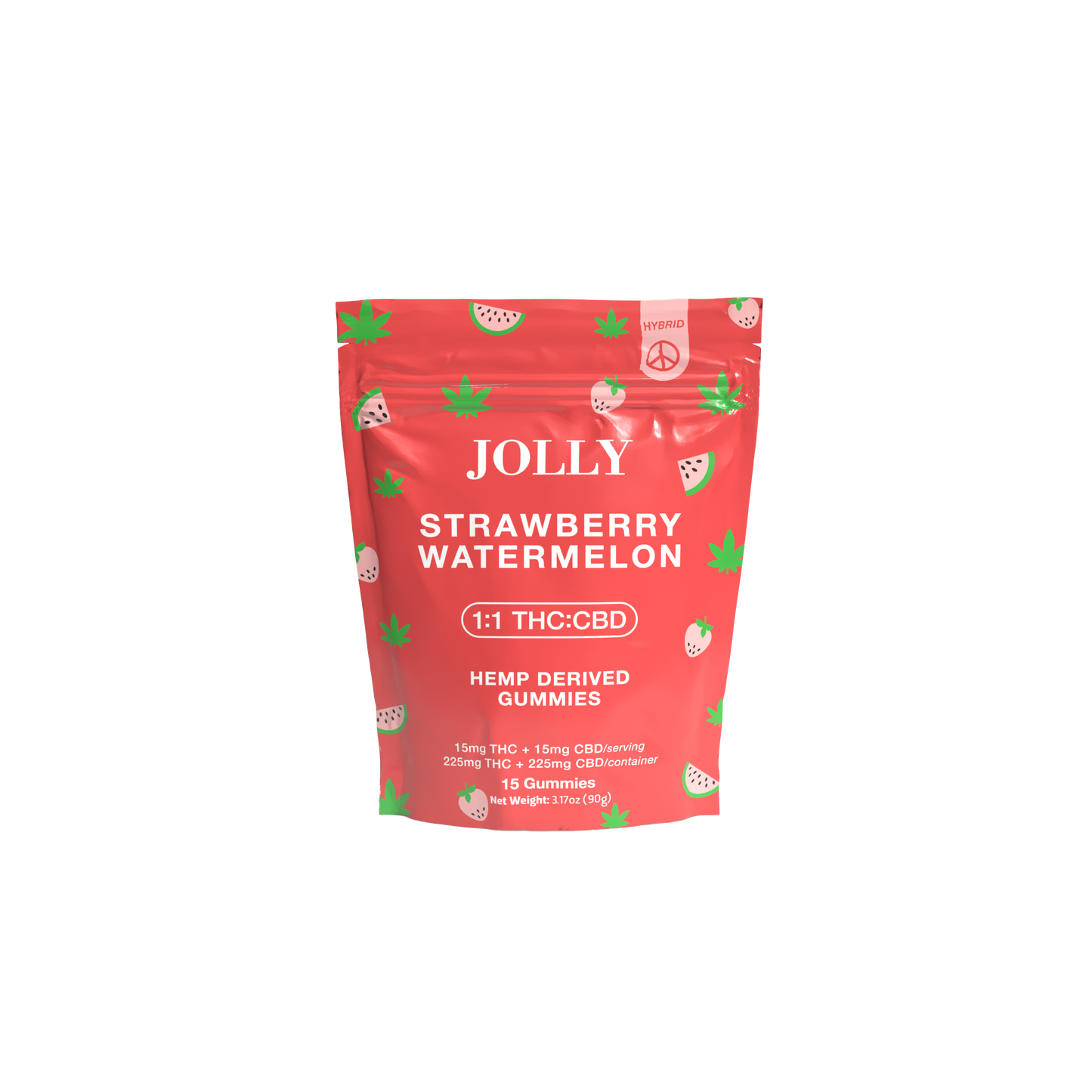 A red resealable pouch of Jolly Cannabis Strawberry Watermelon Gummies features fruit slice art and green hemp leaves, clearly labeled 1:1 15mg THC/15mg CBD per gummy. Each Arizona-made bag contains 15 hemp-derived gummies.