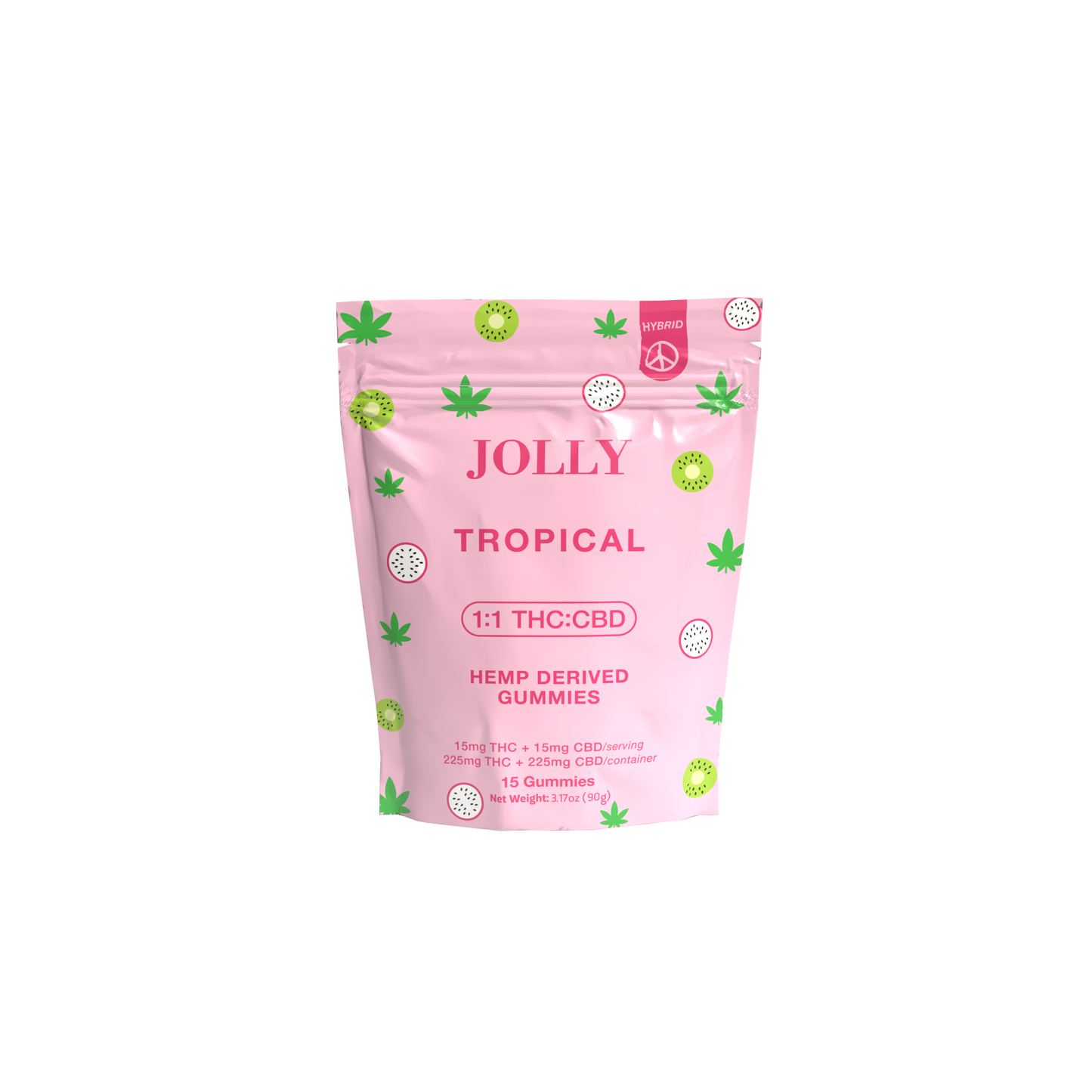 A pink pouch labeled “Jolly Cannabis Tropical Gummies 15mg THC, 15mg CBD” features green cannabis leaves and tropical fruits. Arizona-made, each pack has 15 fruit puree gummies, each with 15mg THC and 15mg CBD.