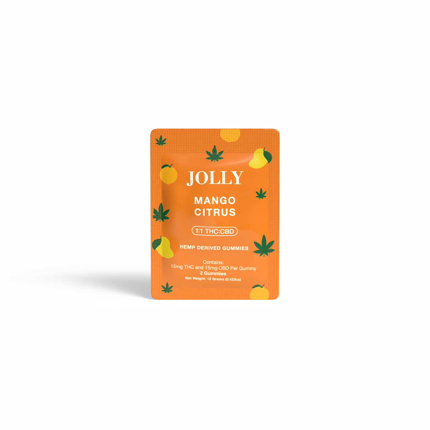 A bright orange pouch labeled Jolly Cannabis Mango Citrus Gummies features mango, citrus, and green hemp leaf graphics. Arizona-made and hemp-derived, each fruit puree gummy contains 15mg THC and 15mg CBD; net weight 42g.
