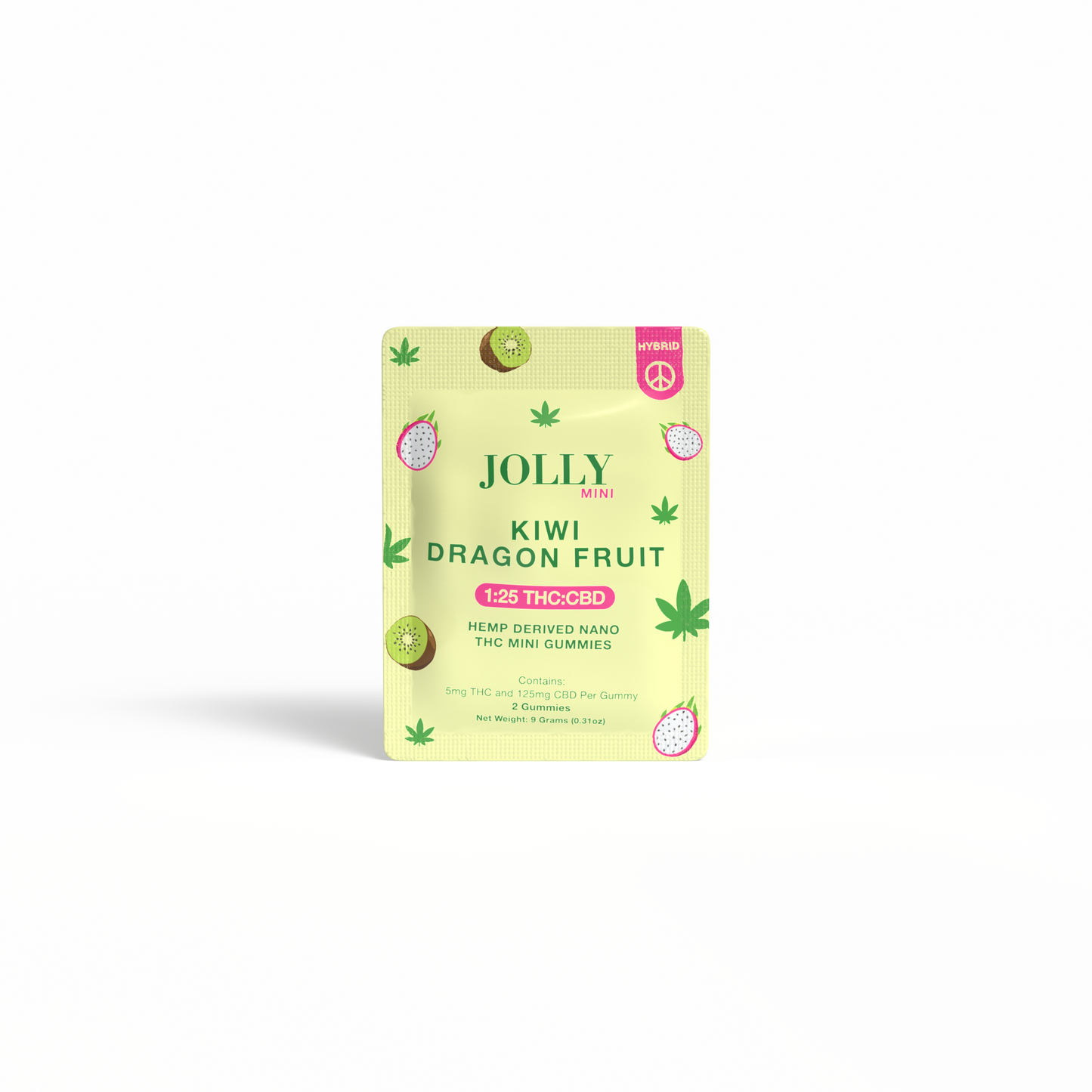 A pale yellow Jolly Cannabis packet labeled Kiwi Dragon Fruit Gummies 5mg THC, 125mg CBD features kiwi, dragon fruit, and cannabis leaf illustrations. Arizona-made hemp-derived gummies (1:25 THC:CBD) are shown on a white background.