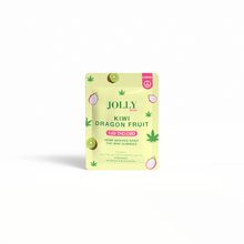 A pale yellow Jolly Cannabis packet labeled Kiwi Dragon Fruit Gummies 5mg THC, 125mg CBD features kiwi, dragon fruit, and cannabis leaf illustrations. Arizona-made hemp-derived gummies (1:25 THC:CBD) are shown on a white background.