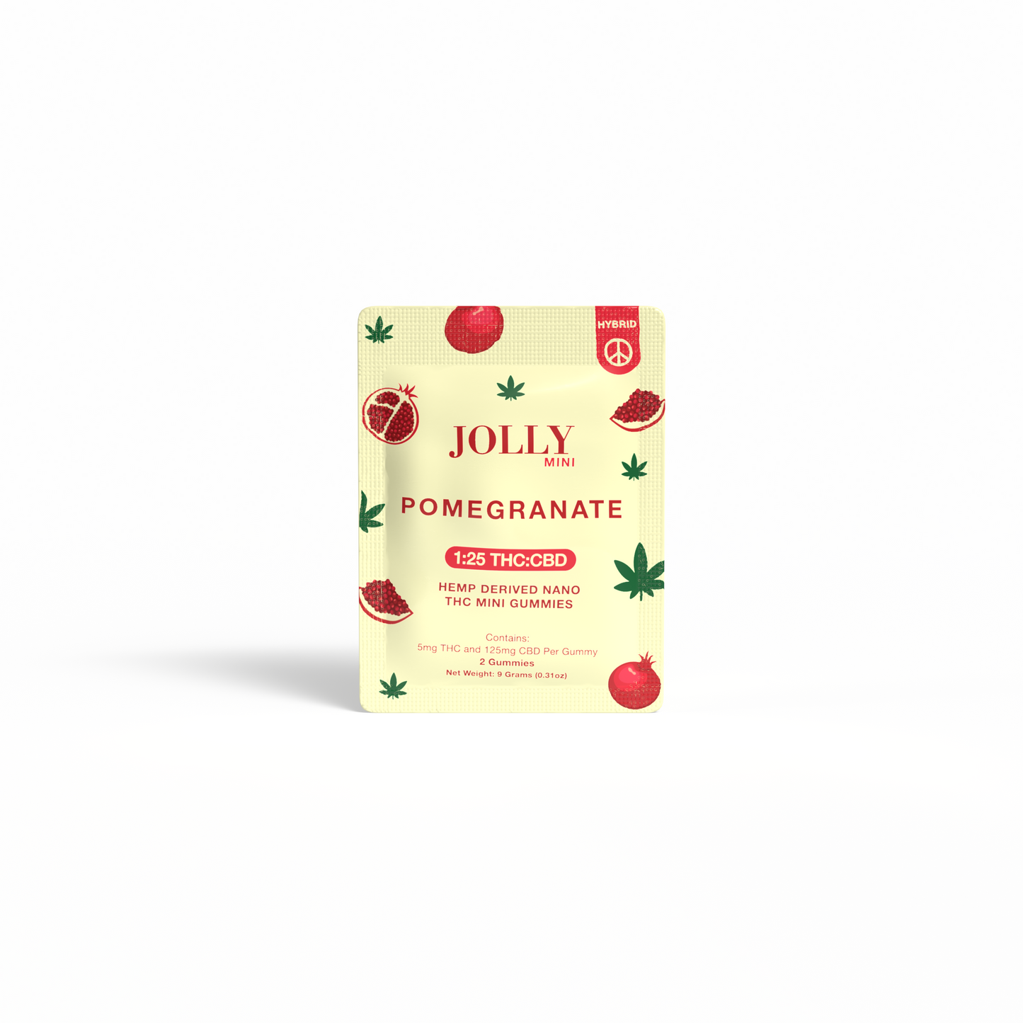 A small beige packet labeled “Pomegranate Gummies 5mg THC, 125mg CBD” by Jolly Cannabis features red pomegranates and green hemp leaves. This Arizona-made gummy contains hemp-derived nano THC in a 1:25 THC to CBD ratio.