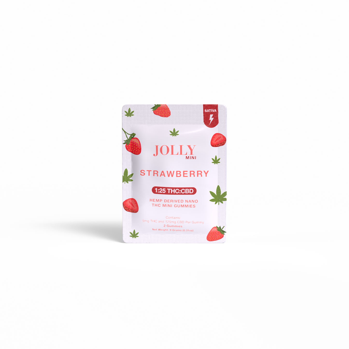 A small, rectangular pouch labeled Jolly Cannabis Strawberry Gummies shows strawberries and hemp leaves. Made in Arizona, it contains sativa 5mg THC:125mg CBD hemp-derived gummies—each mini gummy has 5mg THC and 125mg CBD.