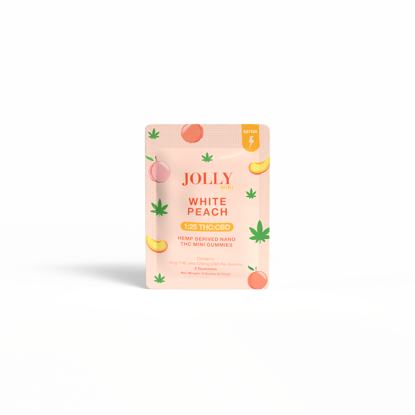 A peach-colored packet labeled “White Peach Gummies 5mg THC, 125mg CBD” from Jolly Cannabis features peach and hemp leaf illustrations. Arizona-made gummies sit on a white background, casting a small shadow.