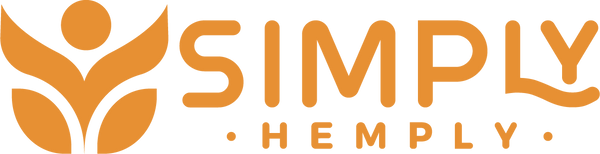 Orange logo reading “SIMPLY HEMPLY” with stylized, abstract plant and human figure on the left. The Y in “SIMPLY” has an organic leaf shape, and dots separate “SIMPLY” and “HEMPLY.” The design conveys a natural, wellness theme.