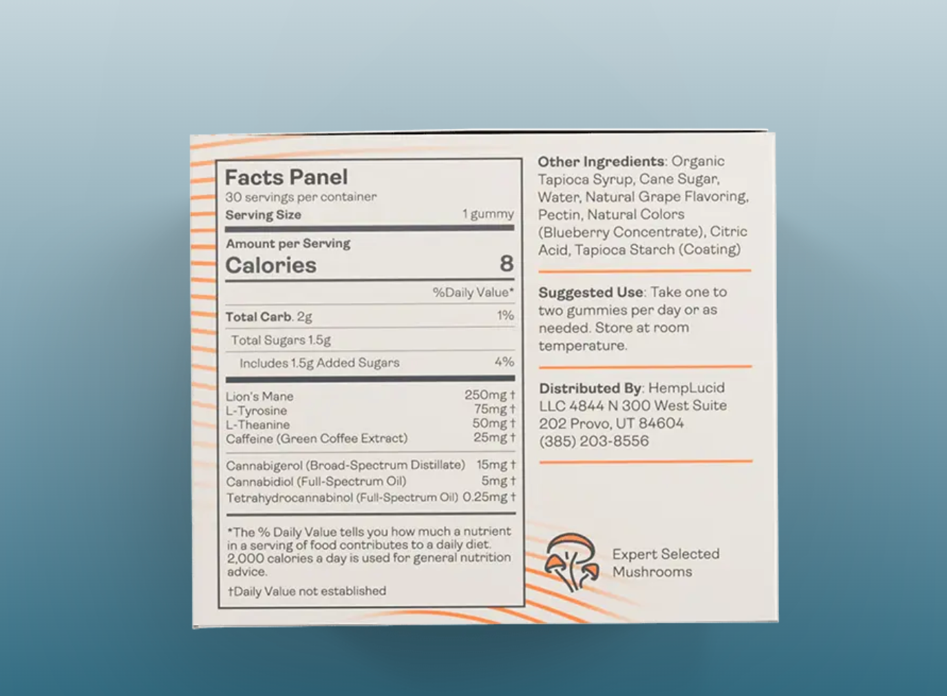 The HempLucid Focus Mushroom CBG Gummies - Grape supplement facts label displays nutrition info, ingredients like organic tapioca syrup, Lion’s Mane, CBG, and cannabinoids, usage (one daily), distributor details, and an “Expert Selected Mushrooms” badge on a white box with orange accents.