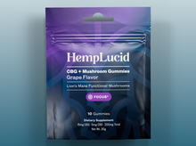 A resealable pouch of HempLucid Focus Mushroom CBG Gummies - Grape features a purple and blue lion design, Focus+ with Lion’s Mane Mushroom, supplement info, and contains 10 gummies per pack.