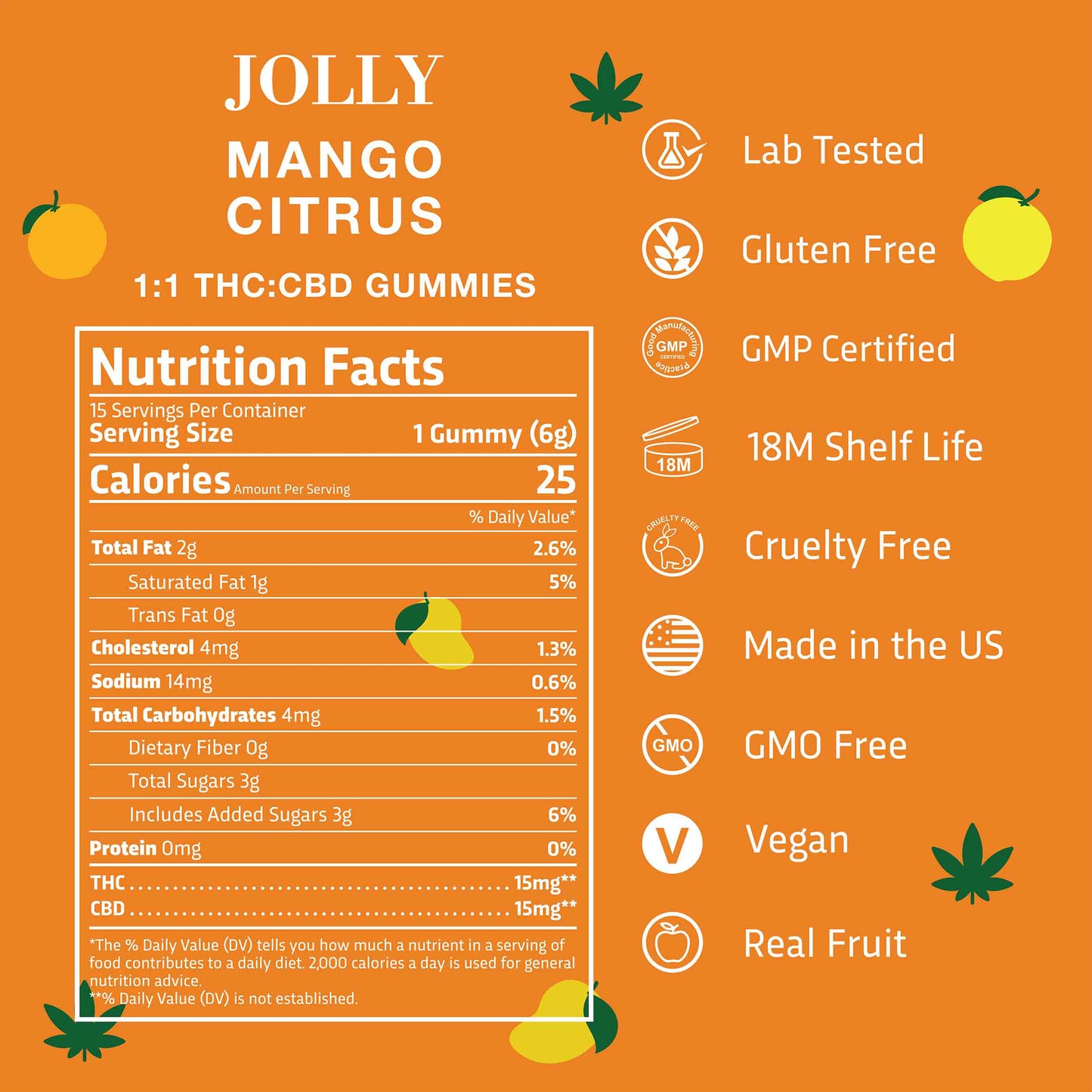 Orange graphic for Jolly Cannabis Mango Citrus Gummies 15mg THC, 15mg CBD. Nutrition facts, ingredients, and icons show lab tested, gluten free, GMP certified, 18-month shelf life, cruelty free, made in US, GMO free, vegan & real fruit.