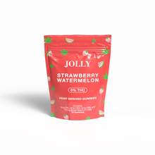 A red pouch labeled “Strawberry Watermelon Broad Spectrum Gummies 0mg THC, 50mg CBD” by Jolly Cannabis features strawberry and watermelon illustrations. Arizona-made, it contains 10 broad spectrum hemp gummies with CBD, CBG, CBC, CBDV, and CBN.