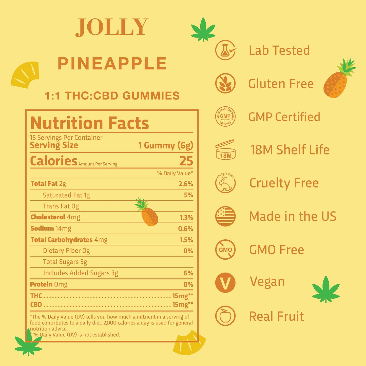 Bright yellow and orange label for Jolly Cannabis Pineapple Gummies 15mg THC, 15mg CBD. Features nutrition facts, icons for lab tested, gluten free, GMP certified, 18M shelf life, cruelty free, made in the US, GMO free, vegan; pineapple and leaf images.