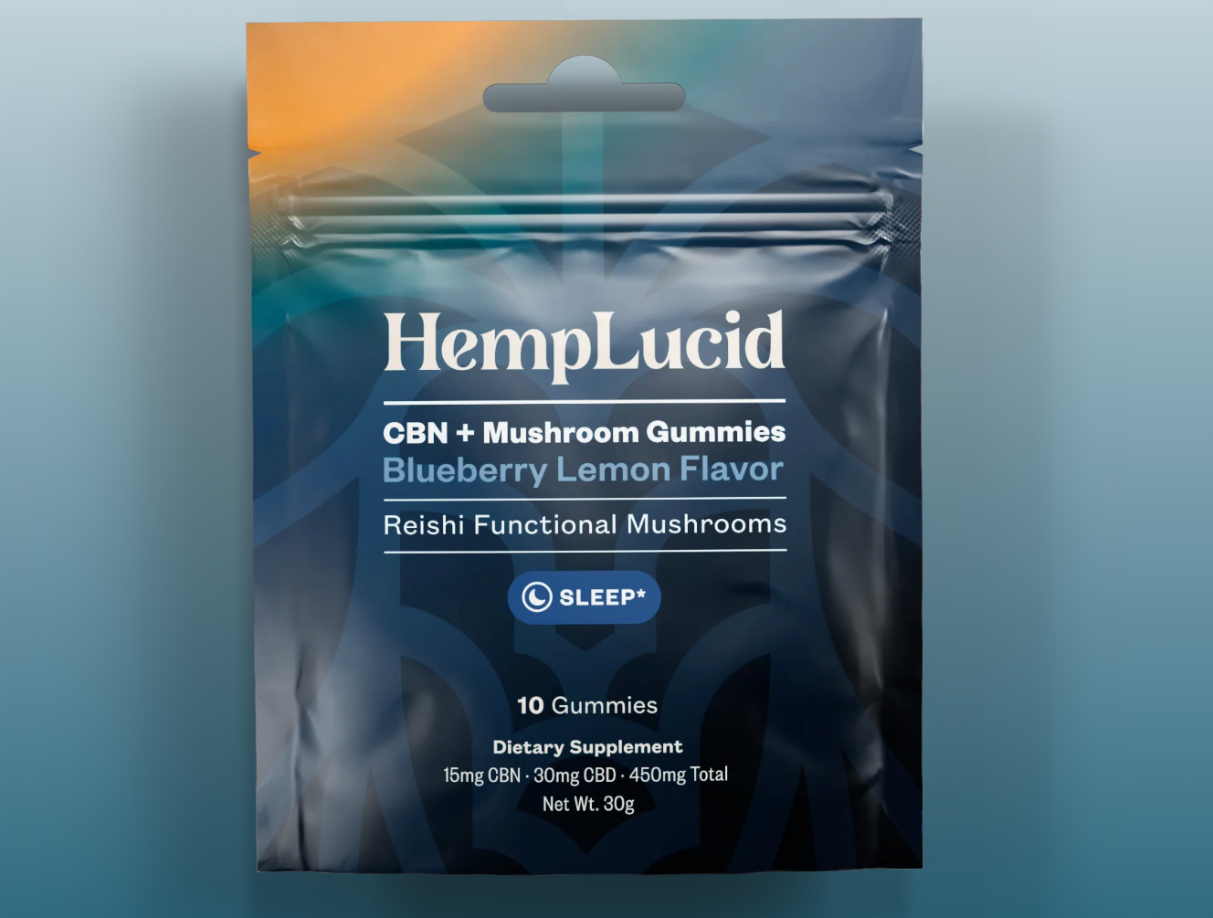 HempLucid Sleep Mushroom CBN Gummies - Blueberry Lemon come in a resealable bag with 10 gummies, each serving offering 15mg CBN and 30mg CBD for sleep support. Features a dark blue-toned design.