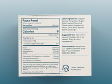 The white label of HempLucid Stress Mushroom THC Gummies - Watermelon features blue text with nutrition, ingredients, dosage, and contact info. Each gummy has 8 calories, Organic CBD, GABA, functional mushrooms, and a mushroom icon with “Expert Selected Mushrooms.”.