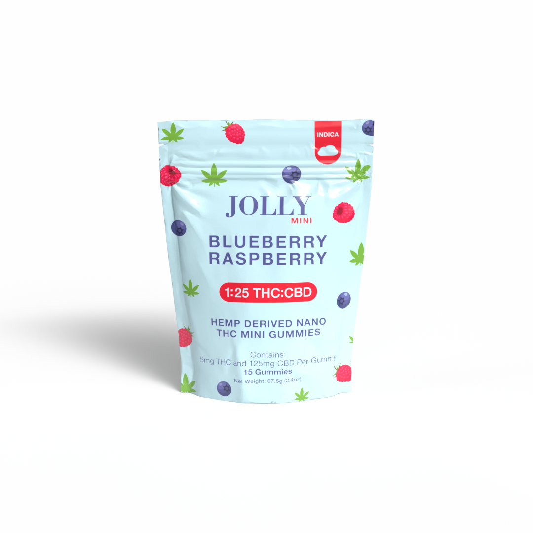 A light blue pouch of Jolly Cannabis Blueberry Raspberry Gummies (5mg THC, 125mg CBD), featuring raspberry, blueberry, and cannabis leaf art. The label shows a 1:25 THC:CBD ratio and contains 15 Arizona-made gummies.