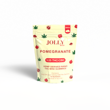 Jolly Cannabis Pomegranate Gummies feature a cream pouch with pomegranate and hemp leaf art. Each Arizona-made gummy delivers 5mg THC and 125mg CBD (1:25 ratio); 15 gummies per pack. Hemp-derived fruit puree, labeled Jolly Mini Pomegranate.