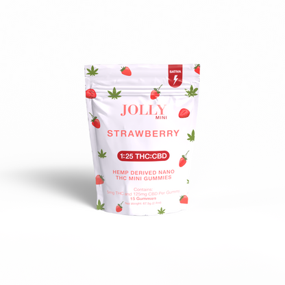 A white pouch with strawberry and hemp leaf designs holds Jolly Cannabis Strawberry Gummies 5mg THC, 125mg CBD. The upright label features 1:25 THC:CBD and Hemp Derived Nano THC Mini Gummies, made in Arizona, on a white background.