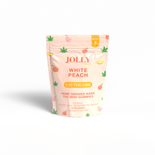 Jolly Cannabis White Peach Gummies come in a pastel peach pouch with leaf and fruit designs. Each Arizona-made sativa, hemp-derived nano gummy has 5mg THC and 125mg CBD. The pack contains 15 mini gummies.