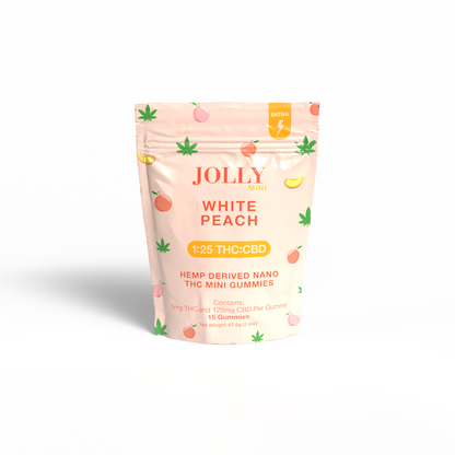 Jolly Cannabis White Peach Gummies come in a pastel peach pouch with leaf and fruit designs. Each Arizona-made sativa, hemp-derived nano gummy has 5mg THC and 125mg CBD. The pack contains 15 mini gummies.