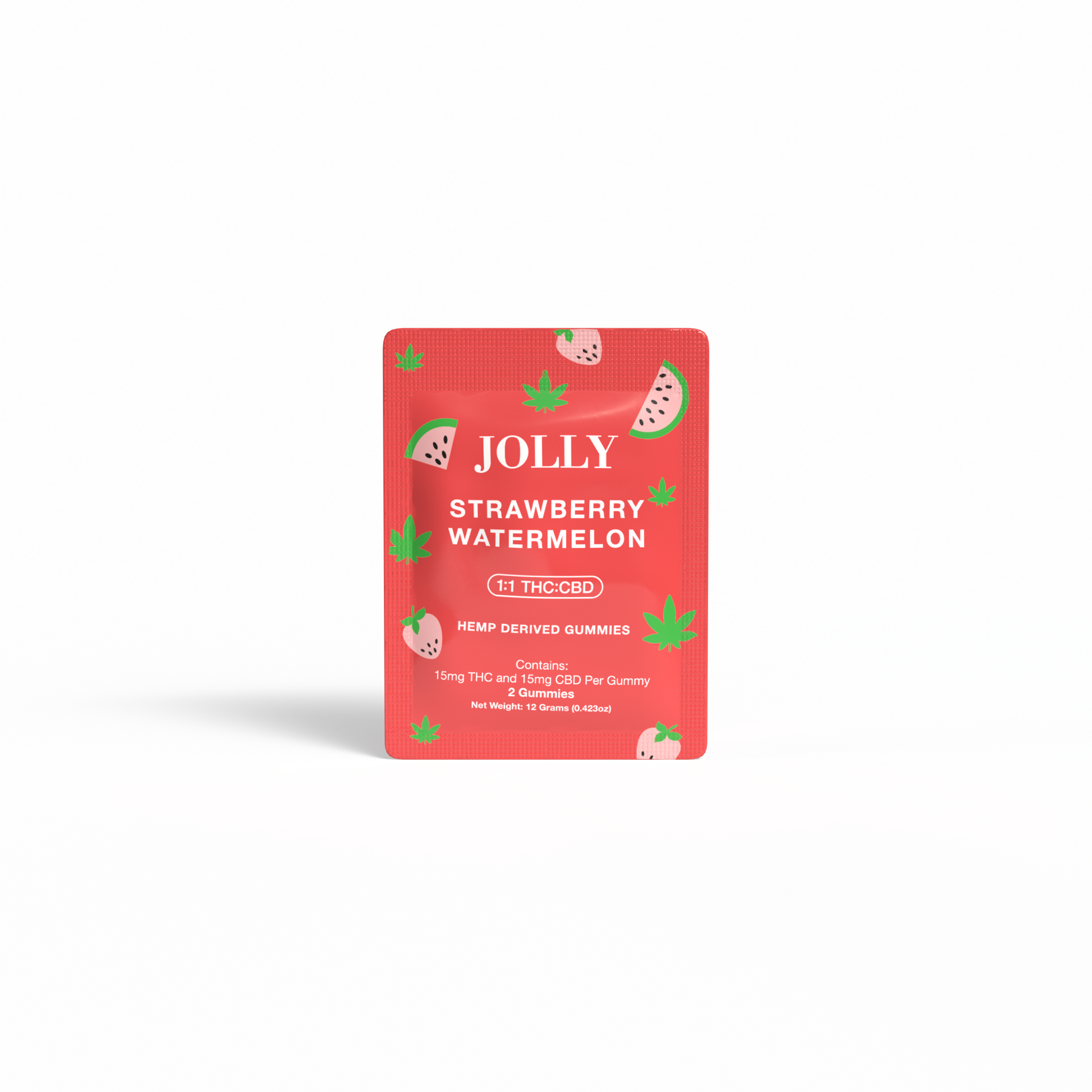 A white packet labeled “Jolly Cannabis Strawberry Watermelon Gummies” features cartoon watermelon slices and hemp leaves, highlighting hemp-derived gummies with 15mg THC and 15mg CBD per piece (62g net weight), made in Arizona.