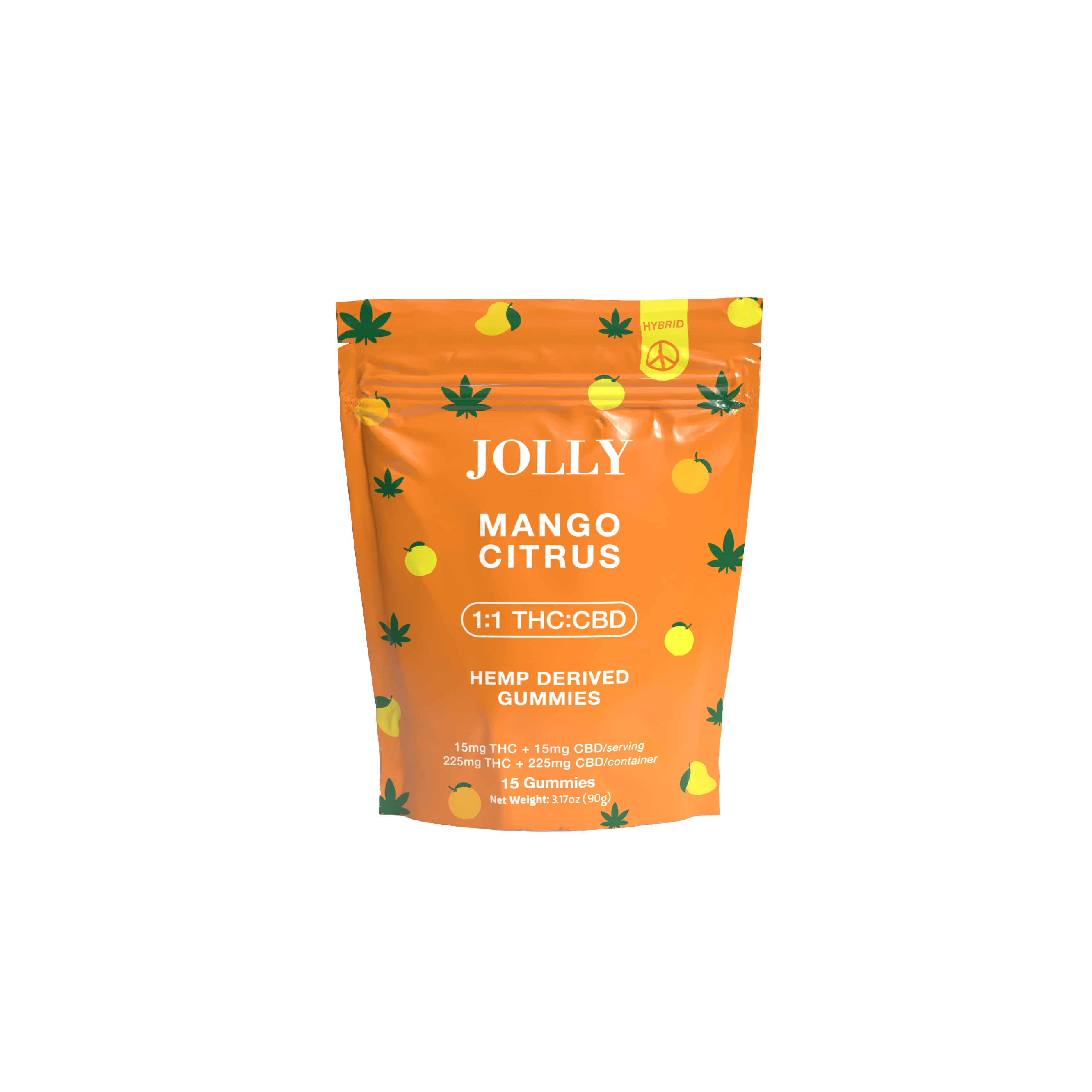 Jolly Cannabis mango citrus Delta-9 gummies pouch with a balanced THC and CBD ratio