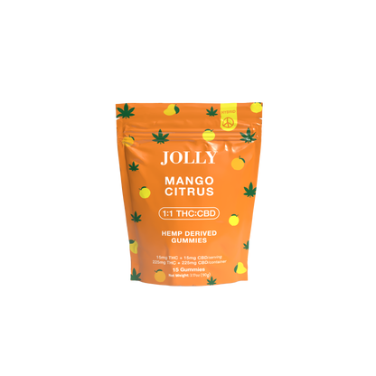 Jolly Cannabis Mango Citrus Gummies come in a resealable pouch with playful fruit and hemp leaf illustrations. Each Arizona-made pack contains 15 gummies, each with 15mg THC and 15mg CBD in a balanced 1:1 ratio.