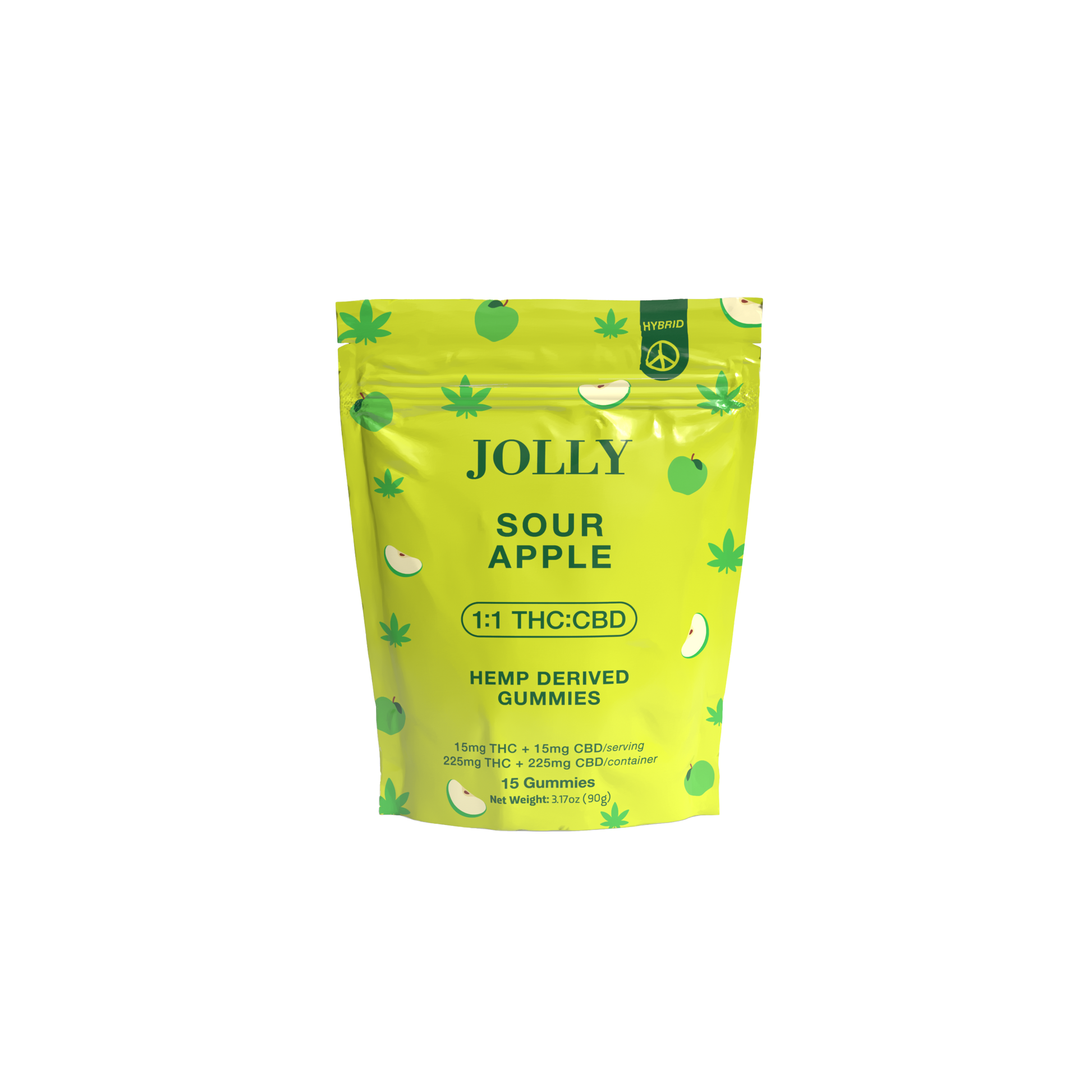 A bright yellow-green resealable pouch labeled “Sour Apple Gummies 15mg THC, 15mg CBD” by Jolly Cannabis features green apples and leaves. The hybrid gummies are Arizona-made with hemp-derived THC/CBD; each pack contains fifteen gummies.