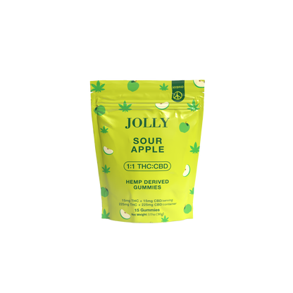 A bright yellow-green resealable pouch labeled “Sour Apple Gummies 15mg THC, 15mg CBD” by Jolly Cannabis features green apples and leaves. The hybrid gummies are Arizona-made with hemp-derived THC/CBD; each pack contains fifteen gummies.