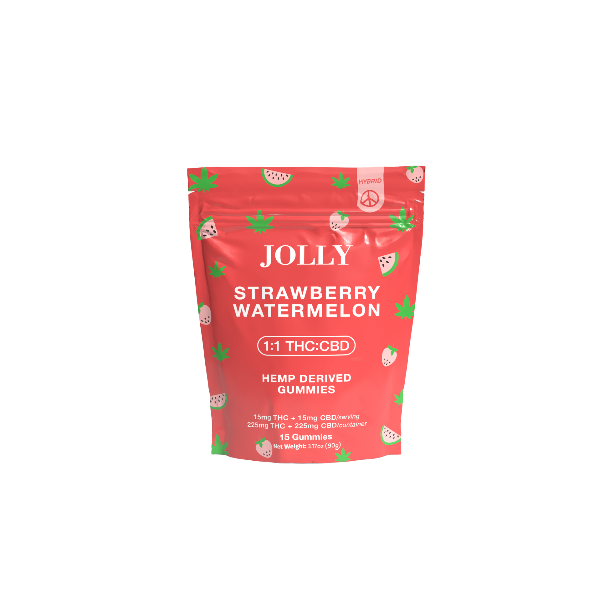 A red resealable pouch of Jolly Cannabis Strawberry Watermelon Gummies features fruit slice art and green hemp leaves, clearly labeled 1:1 15mg THC/15mg CBD per gummy. Each Arizona-made bag contains 15 hemp-derived gummies.