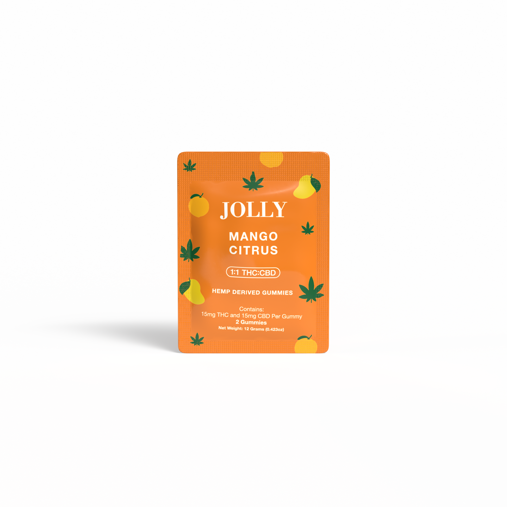 A bright orange pouch labeled Jolly Cannabis Mango Citrus Gummies features mango, citrus, and green hemp leaf graphics. Arizona-made and hemp-derived, each fruit puree gummy contains 15mg THC and 15mg CBD; net weight 42g.