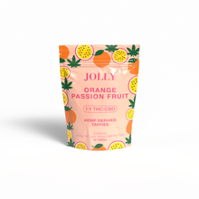 SimplyHemply’s “Orange Passion Fruit Taffy” pouch features bright fruit art and offers hemp-derived soft chews, each with 15mg THC and 15mg CBD for a balanced 1:1 candy made in Arizona.