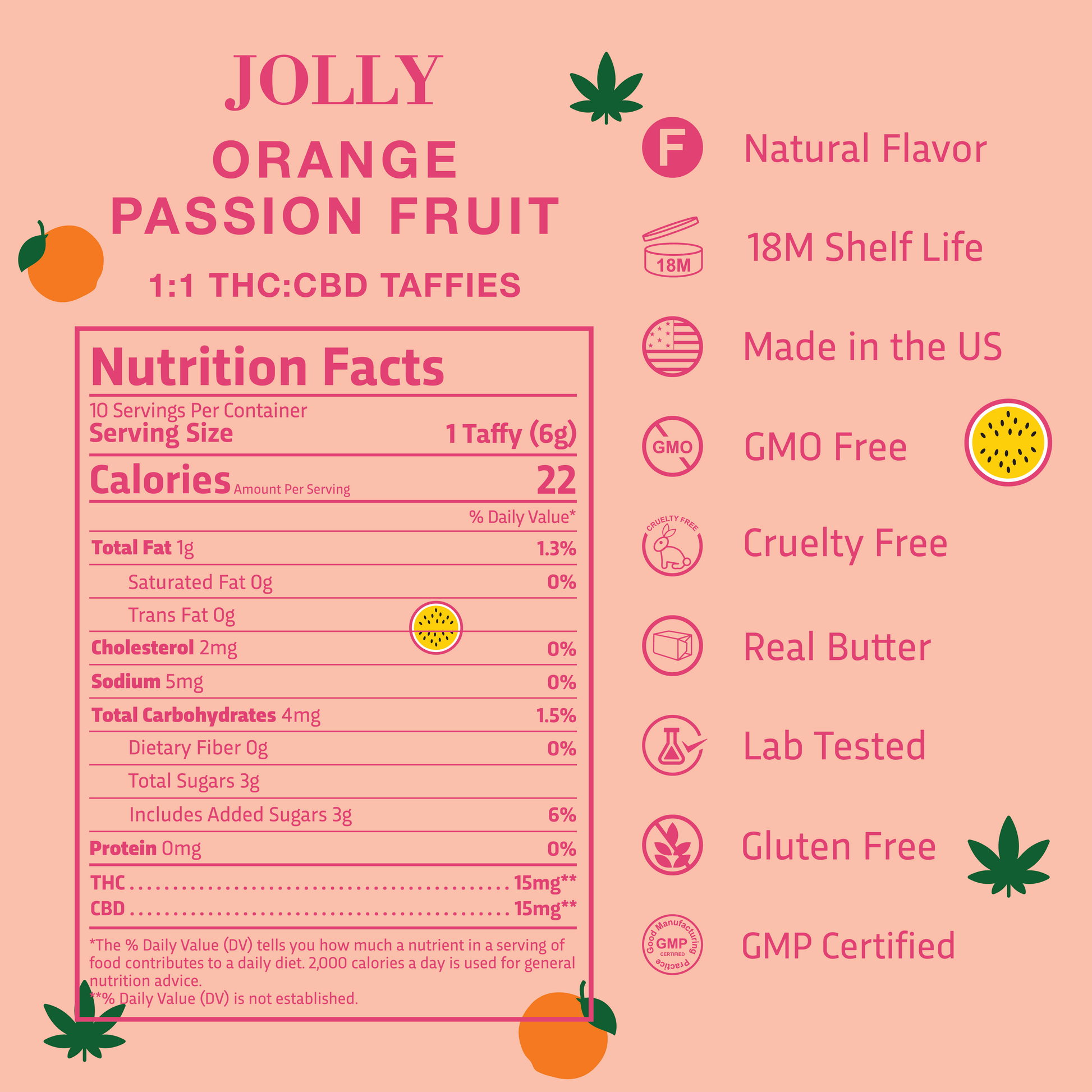 Square image with peach-pink background shows SimplyHemply Orange Passion Fruit Taffy (15mg THC, 15mg CBD). Left: nutrition facts. Right: icons for natural flavor, GMO free, real butter, lab tested, gluten free, GMP certified. Arizona-made with fruit and leaf graphics.