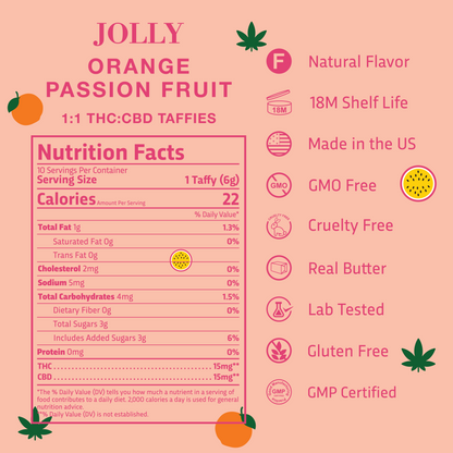 Square image with peach-pink background shows SimplyHemply Orange Passion Fruit Taffy (15mg THC, 15mg CBD). Left: nutrition facts. Right: icons for natural flavor, GMO free, real butter, lab tested, gluten free, GMP certified. Arizona-made with fruit and leaf graphics.