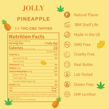 Bright yellow image with pineapple graphics promotes Jolly Cannabis Pineapple Taffy (15mg THC, 15mg CBD each). Nutrition facts (22 calories) shown left; icons for natural flavor, lab-tested, real butter, and more appear on the right.