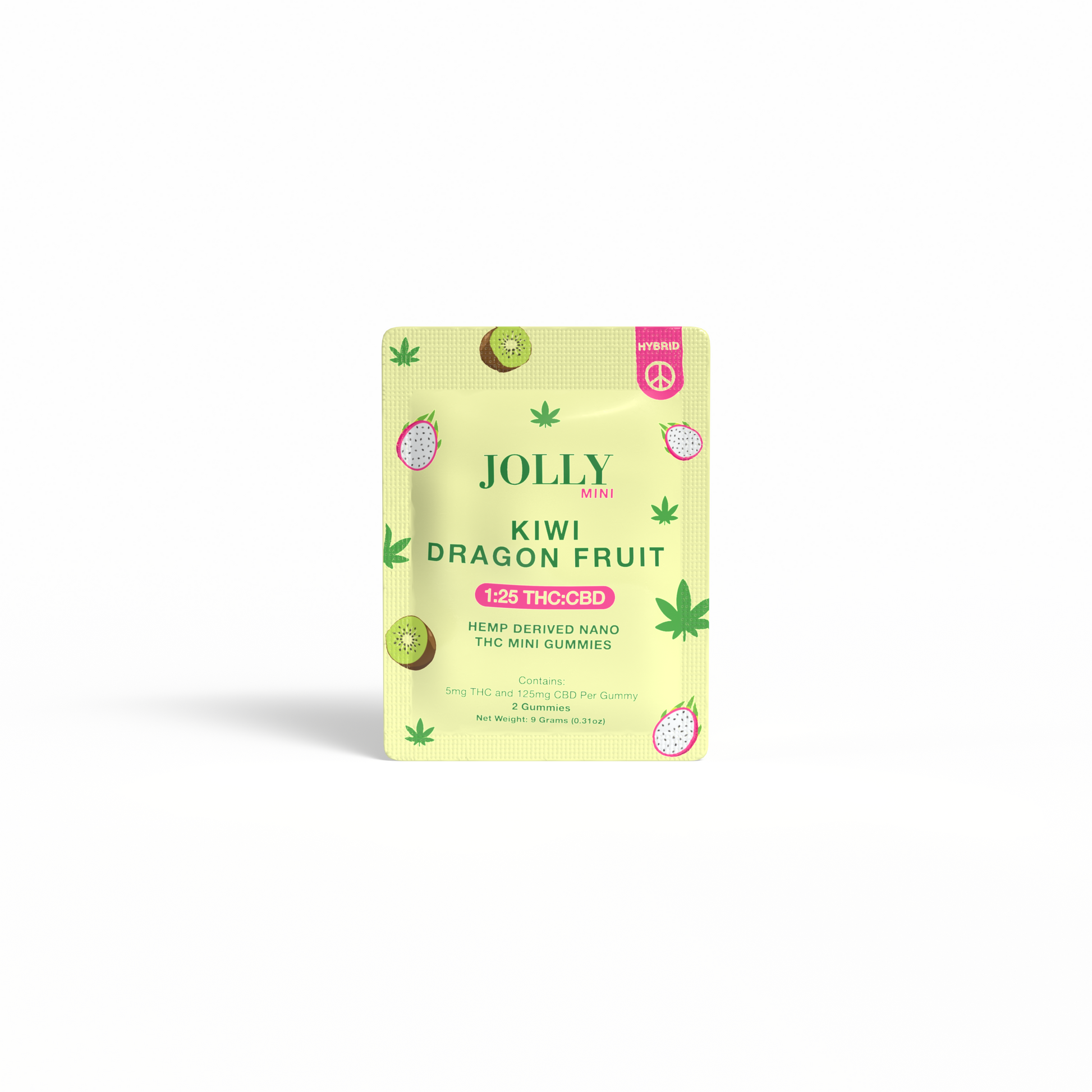A pale yellow Jolly Cannabis packet labeled Kiwi Dragon Fruit Gummies 5mg THC, 125mg CBD features kiwi, dragon fruit, and cannabis leaf illustrations. Arizona-made hemp-derived gummies (1:25 THC:CBD) are shown on a white background.